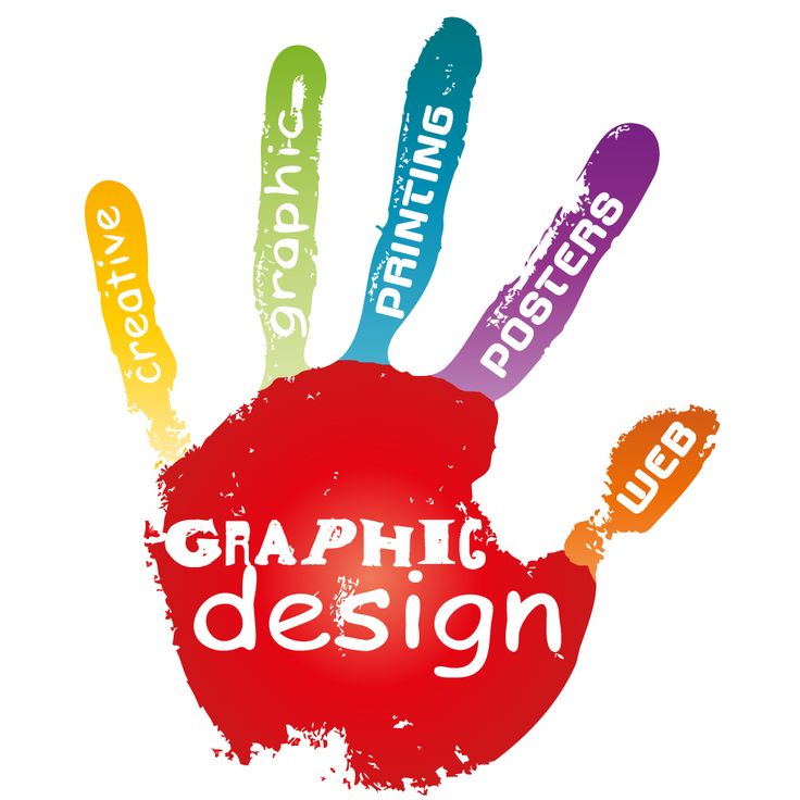 Colorful handprint graphic with fingers labeled creative, graphic, printing, posters, web; palm reads "Graphic Design"