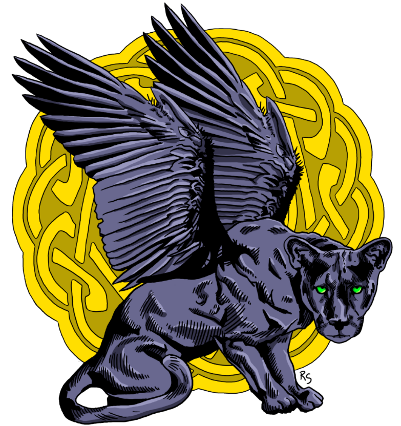 A black winged panther with glowing green eyes crouching before a golden Celtic knot motif.