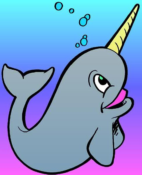 A cheerful cartoon narwhal with a yellow tusk, green eye, and pink mouth, swimming upward with bubbles against a blue-to-purple gradient.