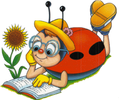 A cartoon ladybug wearing glasses and a yellow hat reads a book beside a sunflower, with feet up in sandals.