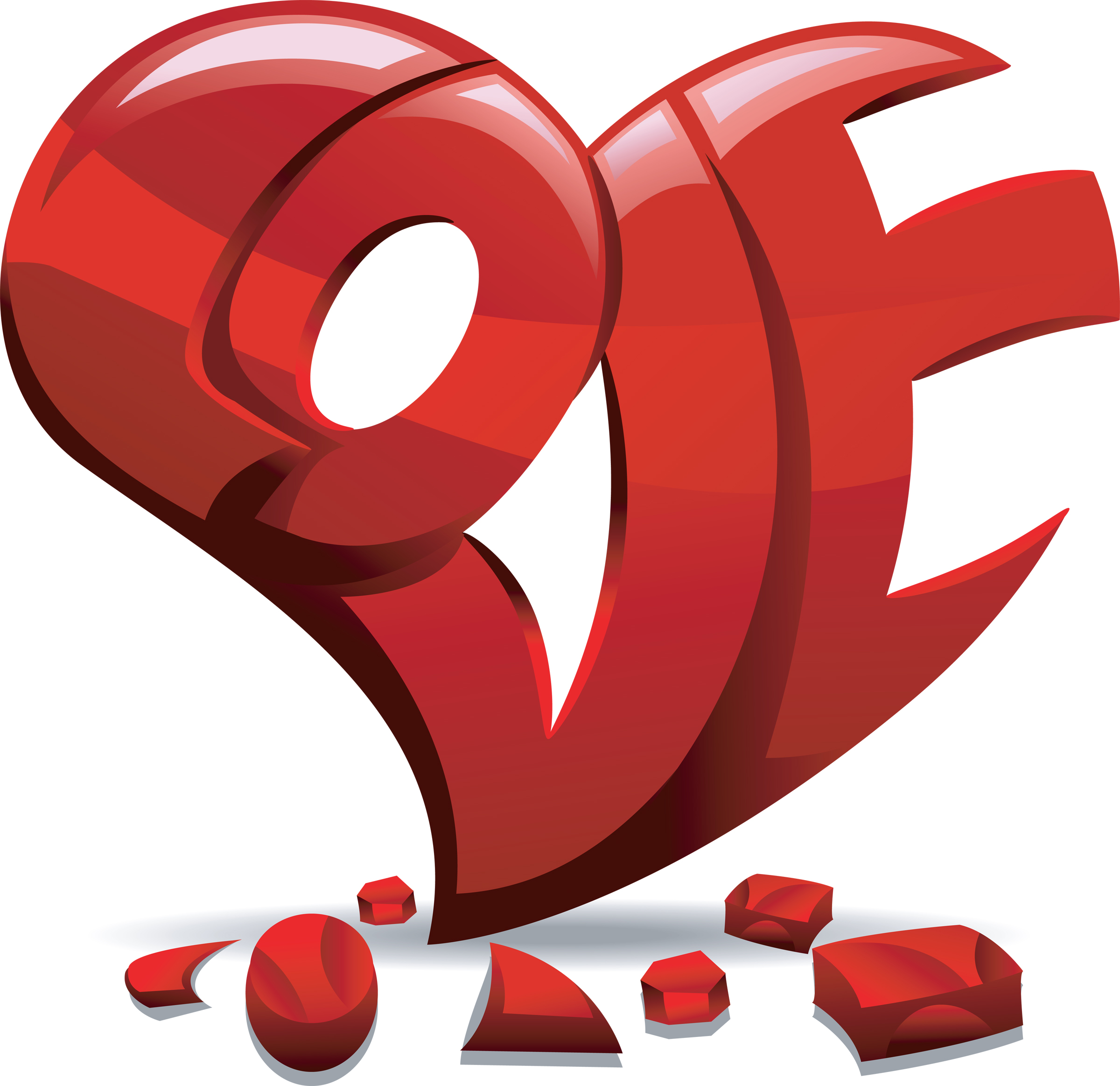 Glossy red 3D "LOVE" text with heart-shaped 'O', cracked at base with scattered fragments on white background.