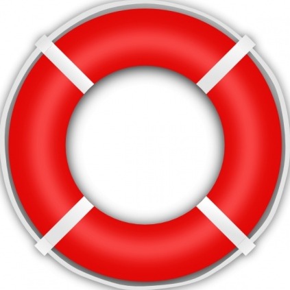 Red lifebuoy with white straps and gray rim, symbolizing water safety and rescue.