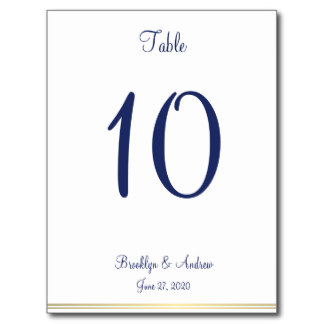 Elegant navy blue table number 10 for a wedding, featuring names Brooklyn & Andrew and date June 27, 2020 on white cardstock.