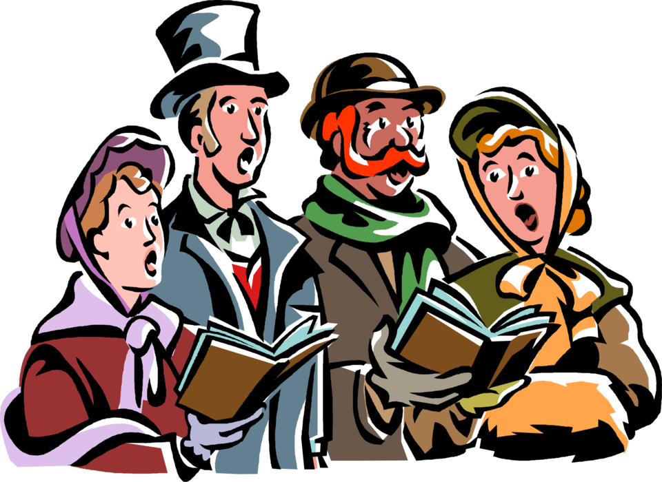 Christmas carol cartoon. Christmas Carol Flashcard. Christmas Carol vector. Carolers cartoon. Christmas Carol people vector.