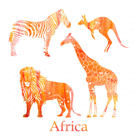 African animals Watercolor, zebra, lion, giraffe, kangaroo Digital 