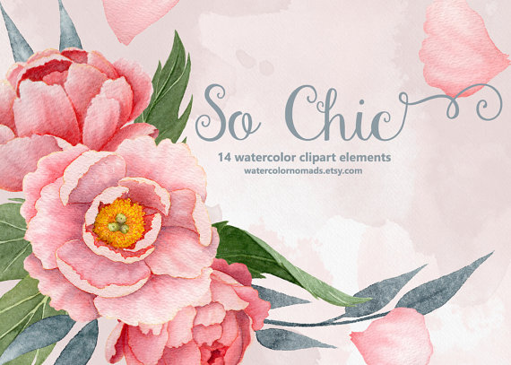 Watercolor clipart Peony flower clipart by WatercolorNomads 