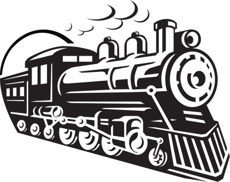 Black And White Illustration Of A Vintage Steam Locomotive Or Train  Speeding In Full Speed Coming Up The Viewer Forward On Isolated Background  In Retro Style. Royalty Free SVG, Cliparts, Vectors, and