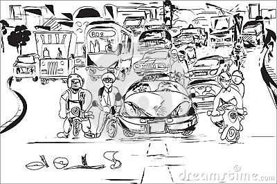 Poster Sketch traffic jam car plug transport highway. Hand drawn black line  - PIXERS.HK