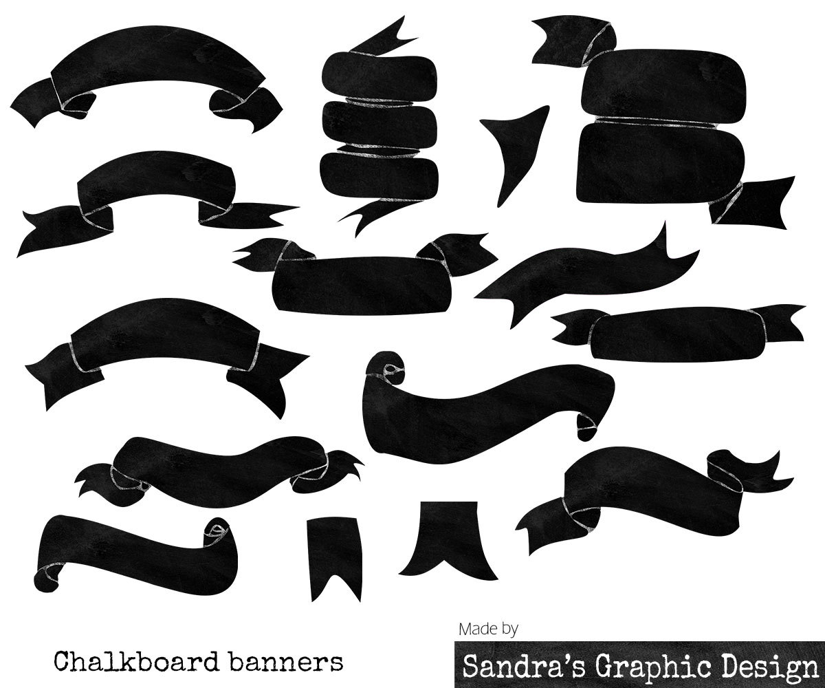 Clipart: “CHALKBOARD BANNERS” with 15 black chalk banners clipart 