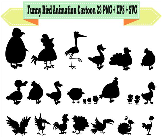 Funny Cartoon Bird Eagle Howk Duck Turkey Silhouette Vector 
