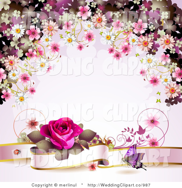 Vector Marriage Clipart of a Wedding Background with a Pink Rose 