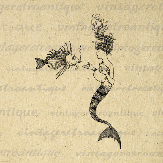 Digital Mermaid Image Graphic Mermaid and Fish Printable 