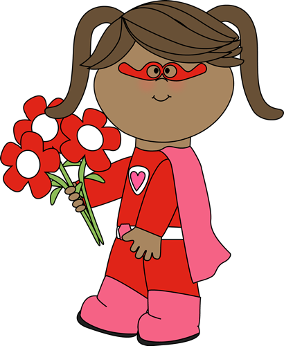 Valentine&Day Superhero Girl with Flowers Clip Art 