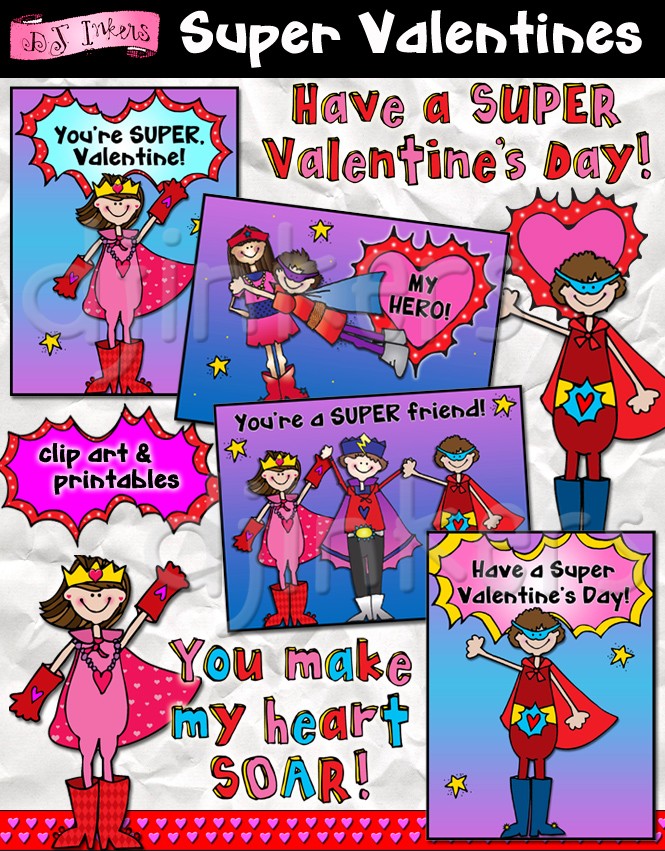 Superhero Valentine clip art  printable cards by DJ Inkers 