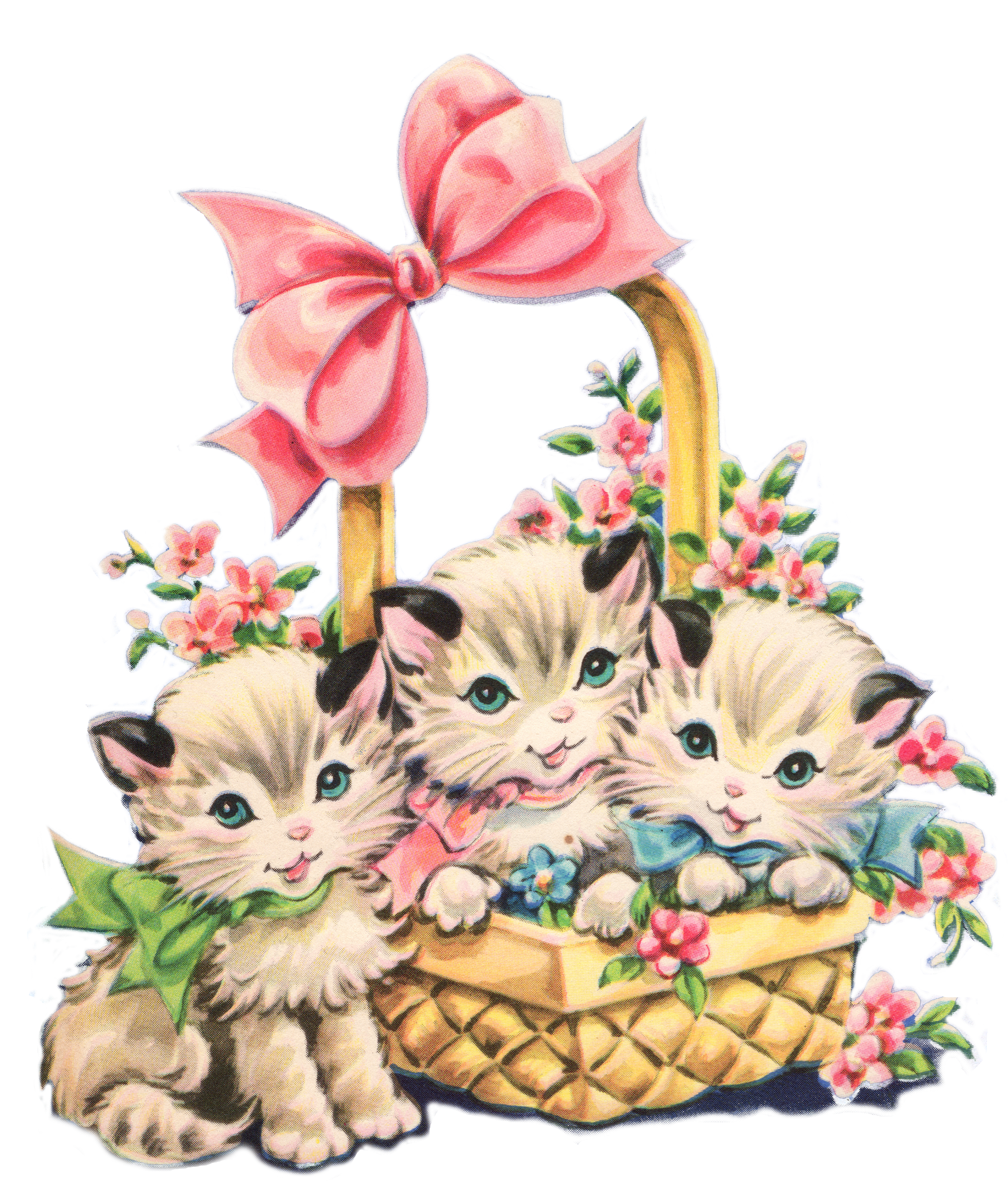 Красивые открытки с кошками. Котята в корзинке. Мультяшные котята. Котенок в корзинке с цветами. Котенок в цветах.