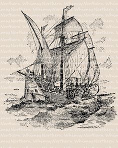 vintage ship clip art, black and white graphics, sea clipart 