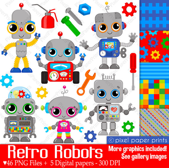 Retro Robots Clip art and Digital Paper Set by pixelpaperprints 