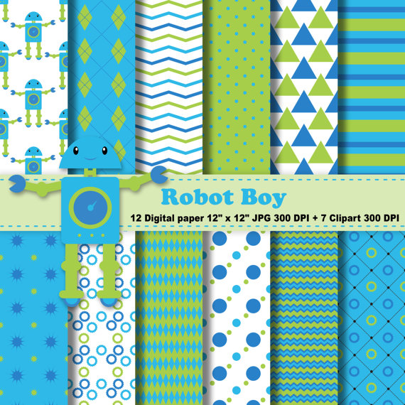 Robot Boy Digital Paper Robot Digital Paper Robot by CosmosFineArt 