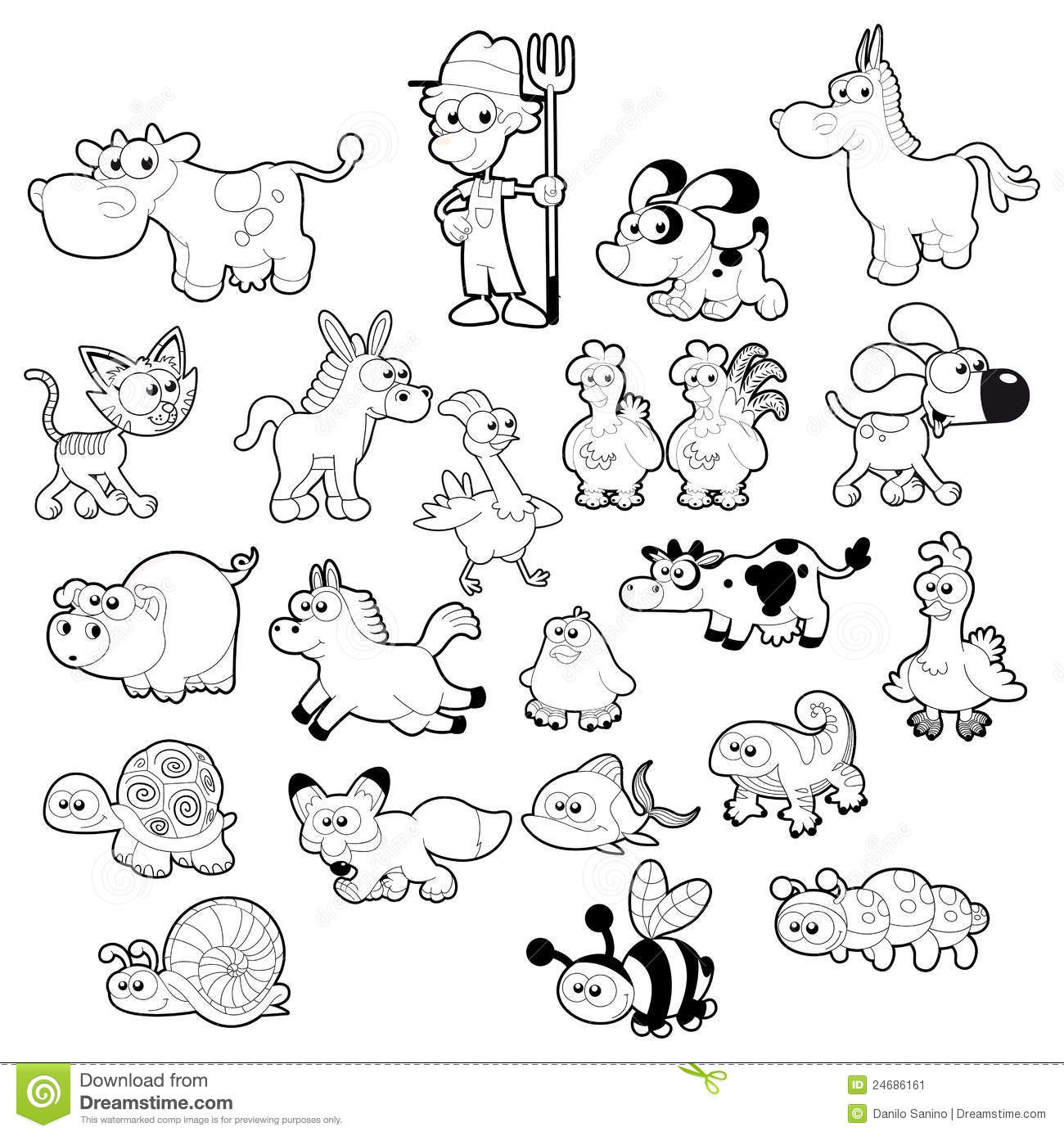 group of farm animals clipart black and white