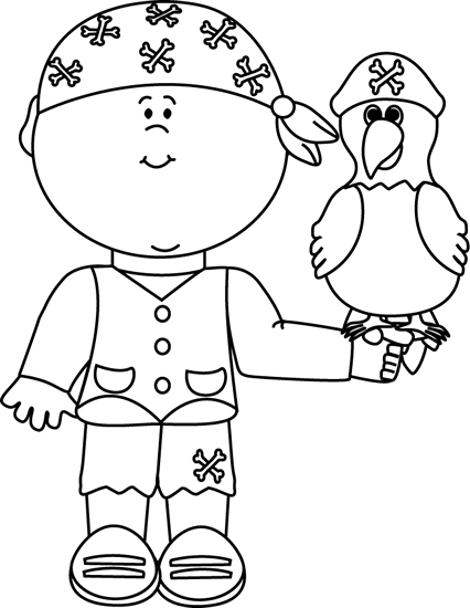 Black and White Pirate with Parrot Clip Art 