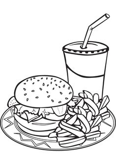 Burger and fries clipart black and white 