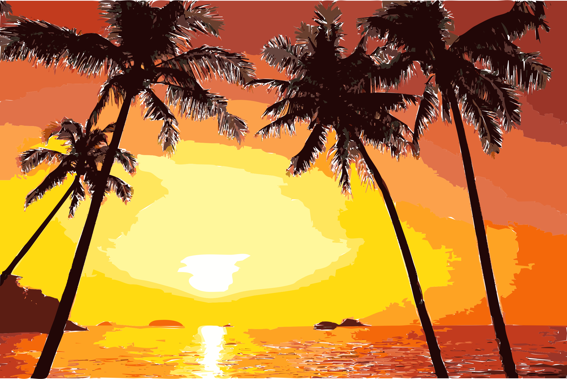 Тропикал Сансет. Пляж рисунок. Логотип пальмы на закате. Фон с пальмами для детей.