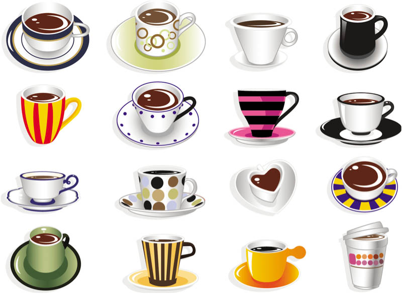 Coffee cups vector. Set of 16 cute vector coffee cups for your 
