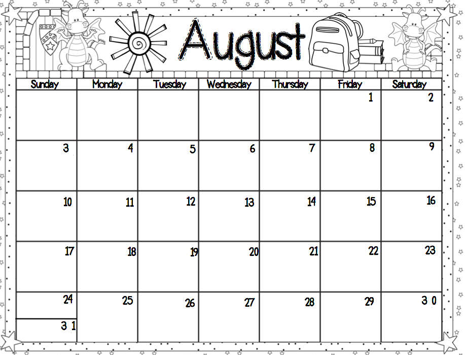 August calendar clipart black and white 