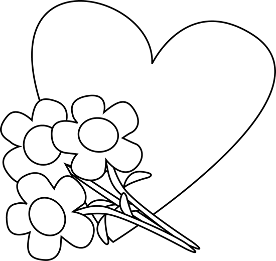 Black and White Valentine&Day Heart and Flowers Clip Art 