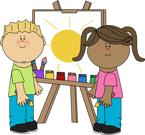 Kids Painting on Easel Clip Art 