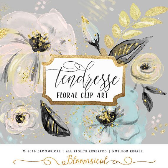Watercolor Gold Flowers Clip Art 