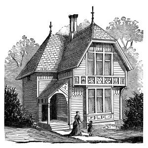 antique house illustration, black and white clipart, Victorian 