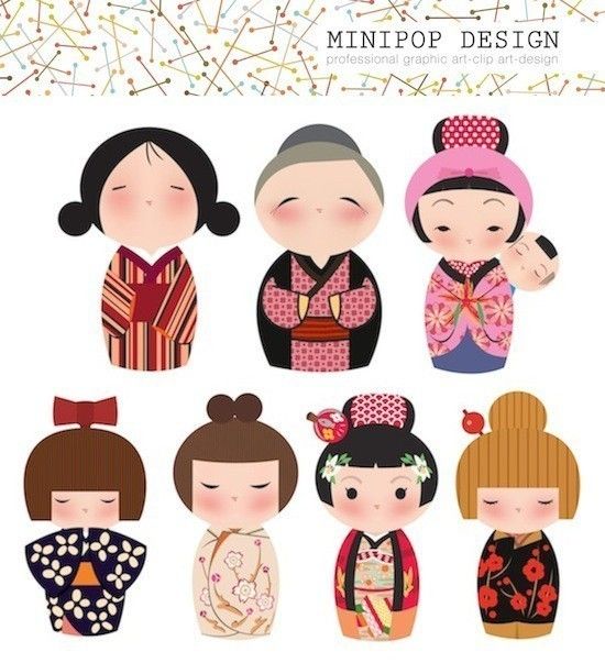 Set of Cute Japanese Female Kokeshi Characters 