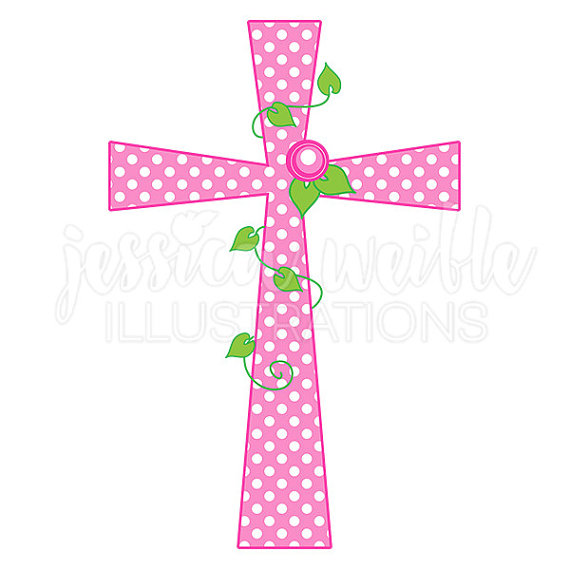 Pink Polka Dot Rose Cross Cute Digital Clipart by JWIllustrations 