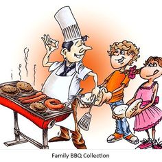 Funny Cartoon Man Holding Bottle Of BBQ Sauce While Cooking A Cow 