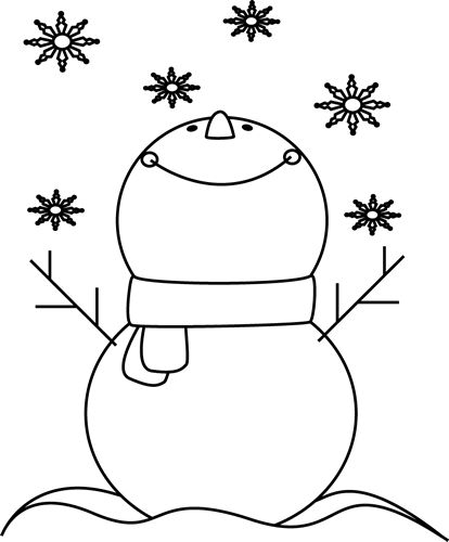 Black and White Snowman Catching Snowflakes Clip Art 
