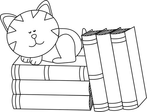 Black and White Cat Sleeping on Books Clip Art 