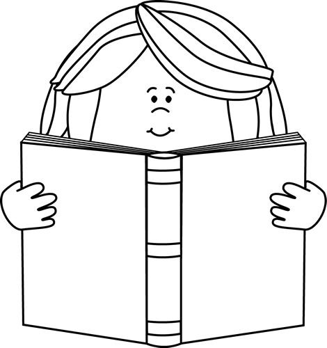Black and White Girl Reading a Book Clip Art 
