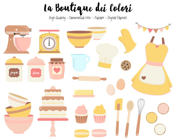 Pink and Yellow Baking Clipart, Cute Digital Graphics PNG, Vintage 