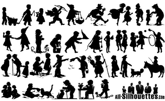 Old Style Children Silhouettes Vectors 
