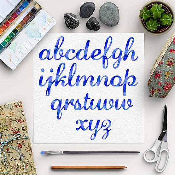 BUY5FOR8, Watercolor Alphabet, Blue Font Clip Art, Hand Paint 
