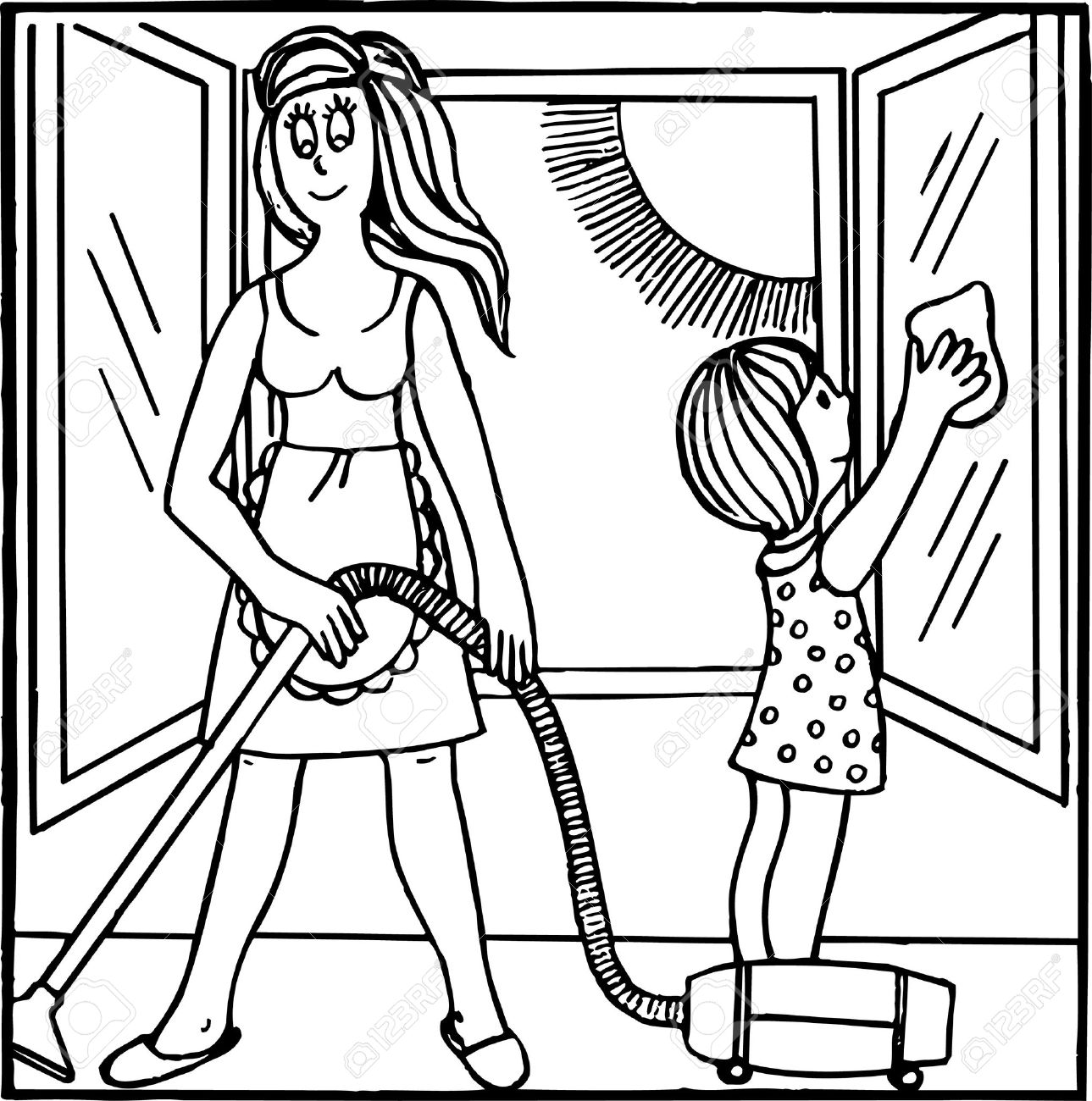 Cleaning the house clipart black and white