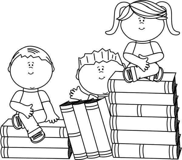 Multiple kids reading clipart black and white