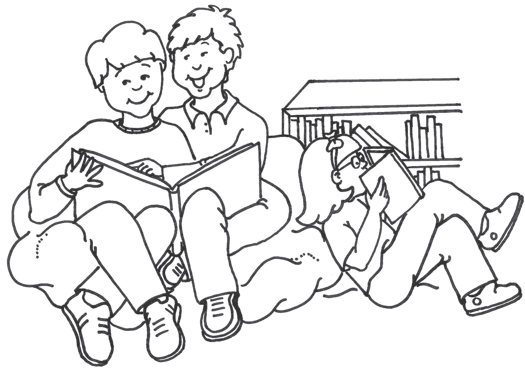Multiple kids reading clipart black and white
