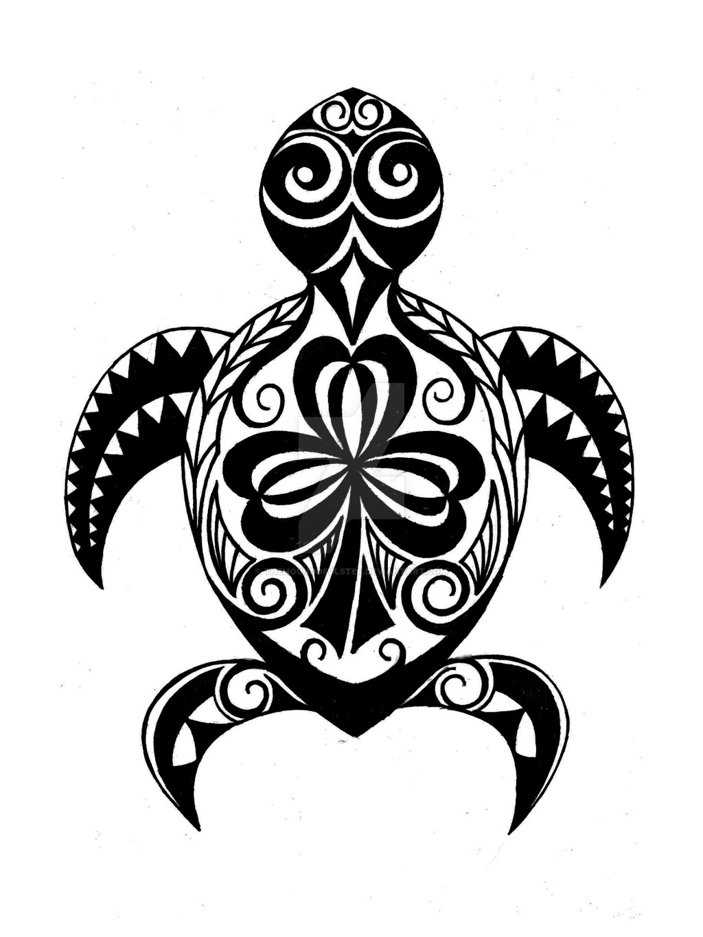 Awesome Shamrock On Hawaiian Tribal Turtle Back Tattoo Design By
