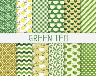 Green Tea Digital Paper with Lemon, Tea Leaf Background, Organic