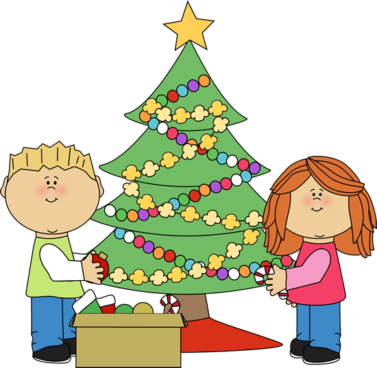 Kids Decorating a Christmas Tree Clip Art