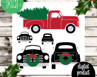 Vintage truck with christmas tree clipart