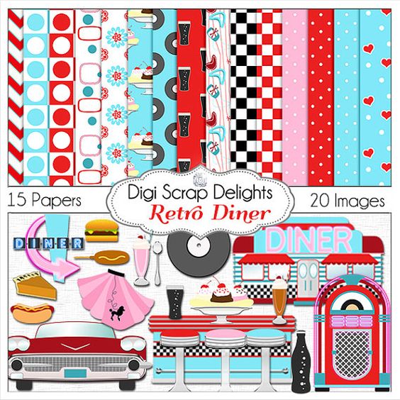 Fifties Diner Clipart Set, 30 Pngs, 1950s Diner Digital, 49% OFF