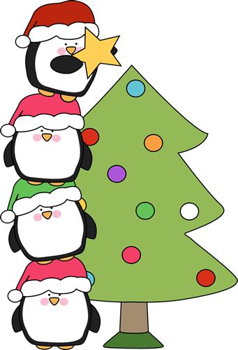 Cute little penguins trying to put a star on a tree. Of all the